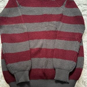 Men's Striped Burgundy and Gray Crewneck Sweater